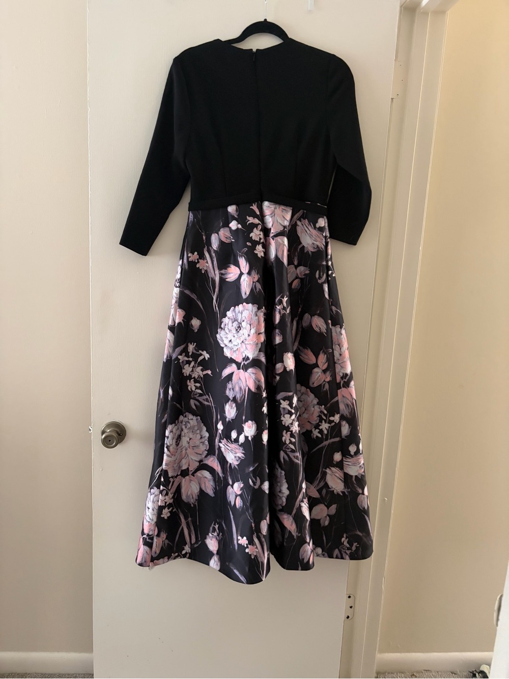 Theia Black V-Neck Long Sleeve Dress with Pink Floral Skirt - Picture 12 of 14